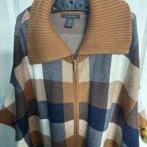 Tahari Brown and Blue Plaid Poncho